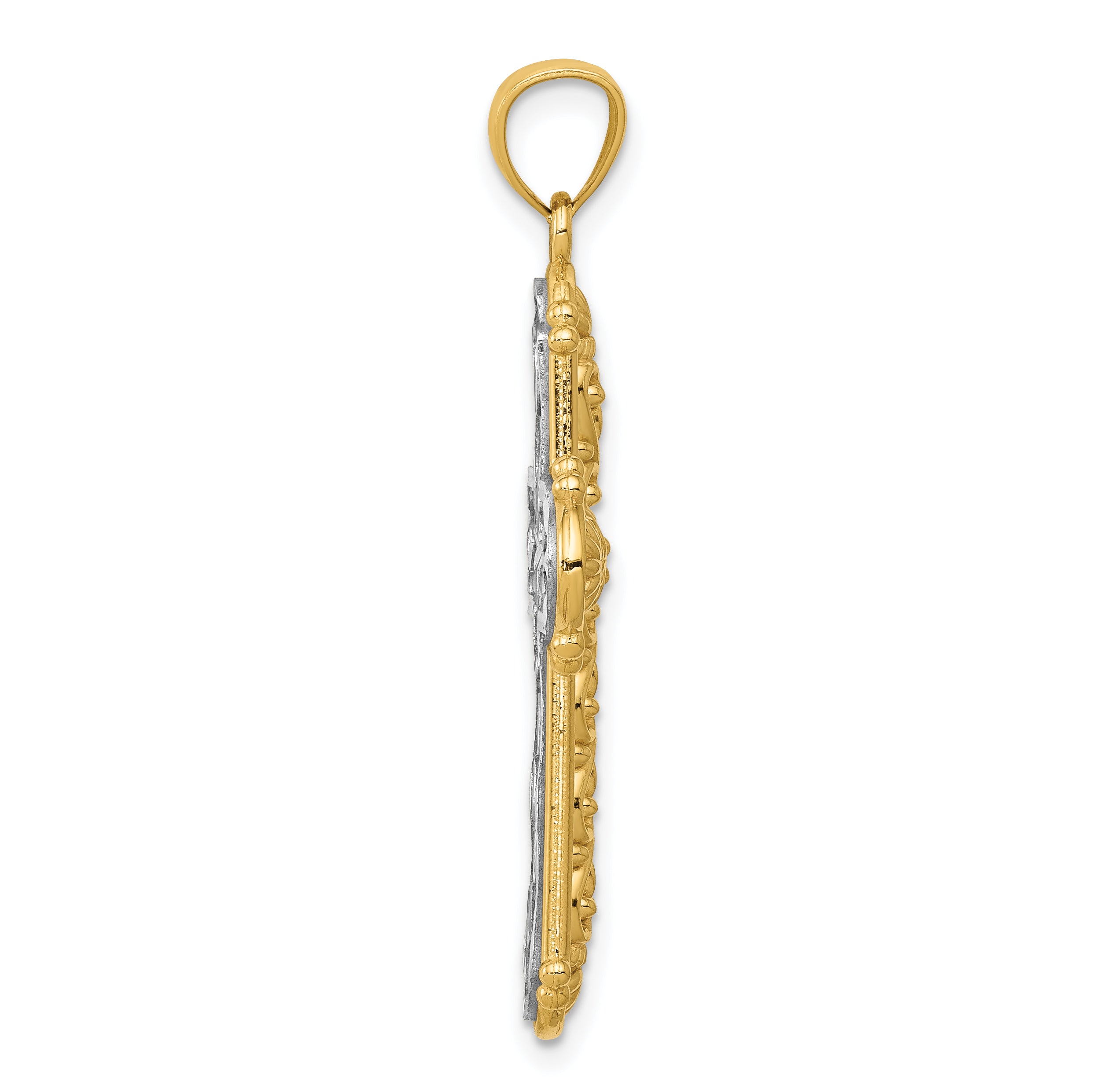 14K Gold Reversible Diamond-Cut Filigree Cross Pendant with Rhodium Accents