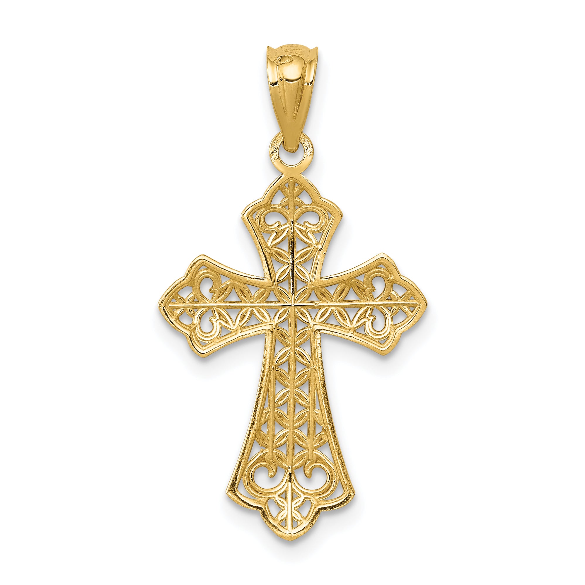 14K Gold Polished Filigree Cross Pendant Elegant Textured Design