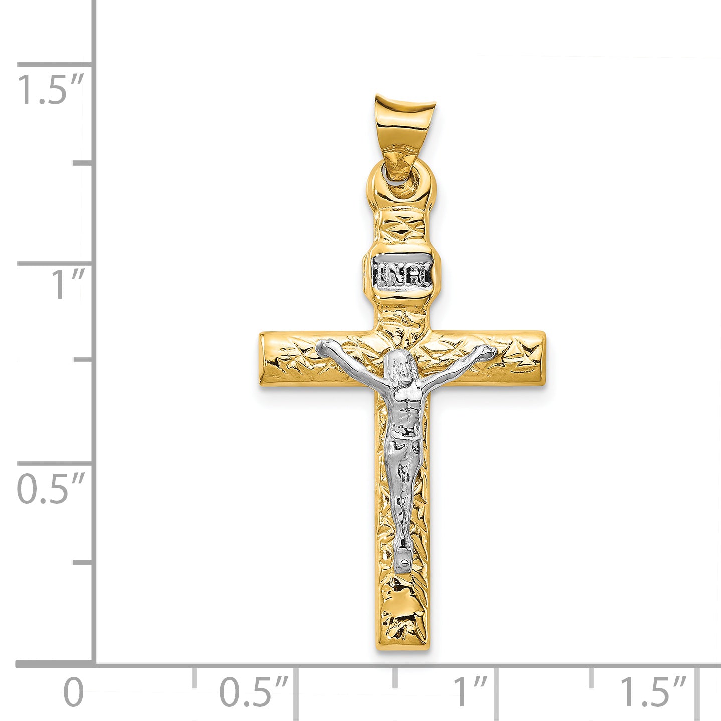 14K Two-Tone Gold INRI Crucifix Pendant with Polished Textured Finish