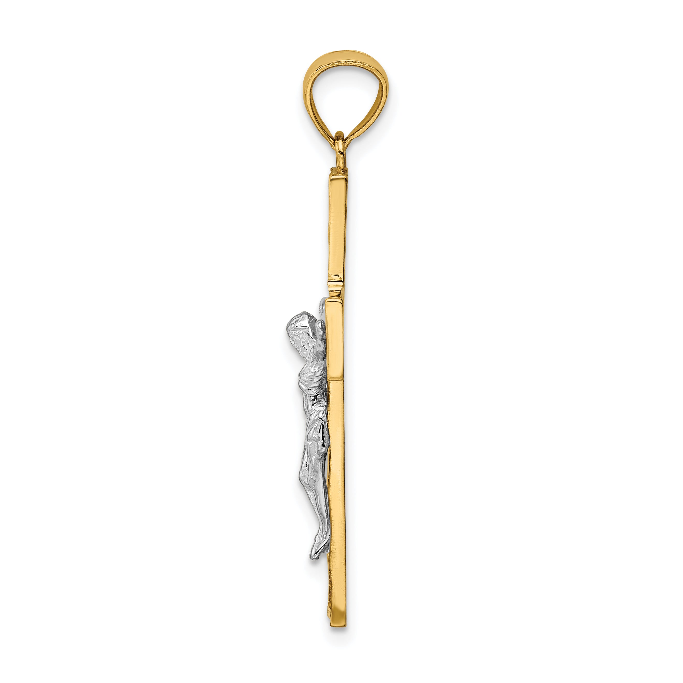 14K Two-Tone Gold Crucifix Pendant with Polished Satin Finish and Vine Detail