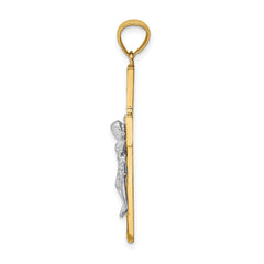 14K Two-Tone Gold Crucifix Pendant with Polished Satin Finish and Vine Detail
