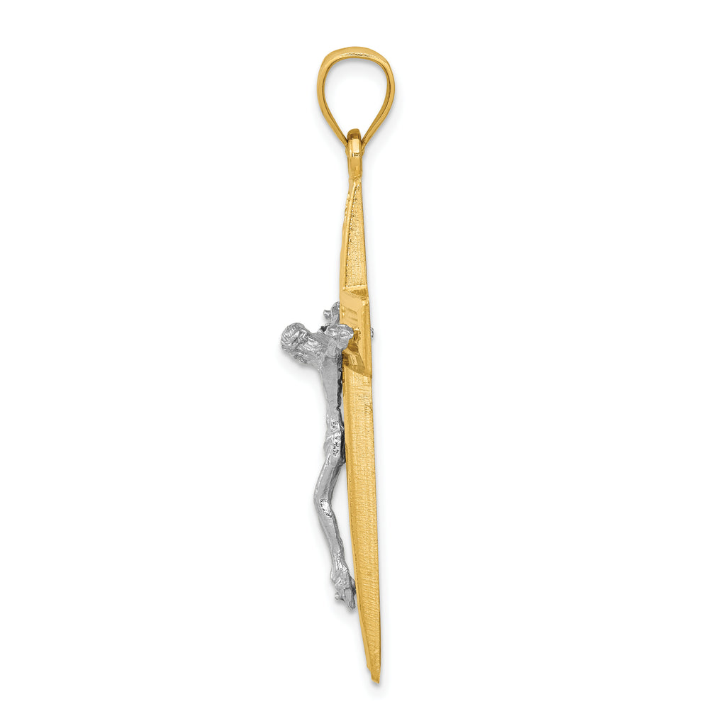 14K Two-Tone Gold Diamond-Cut Latin Crucifix Pendant Polished Solid Design