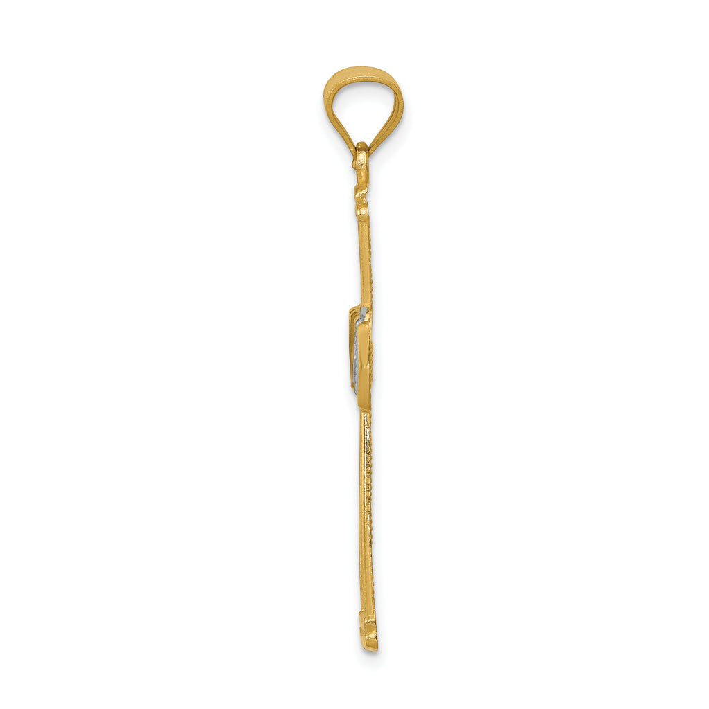 14K Gold Rhodium Accented Filigree Cross Pendant with Diamond-Cut Finish