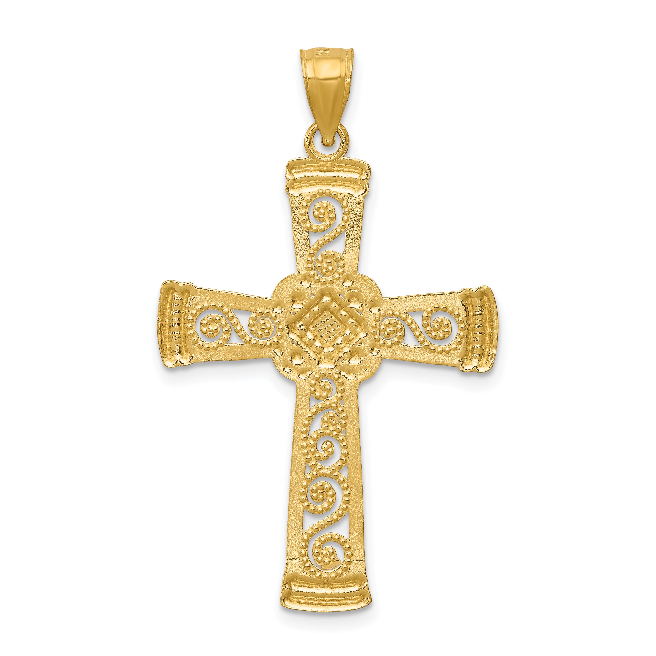 14K Gold Rhodium Accented Filigree Cross Pendant with Diamond-Cut Finish