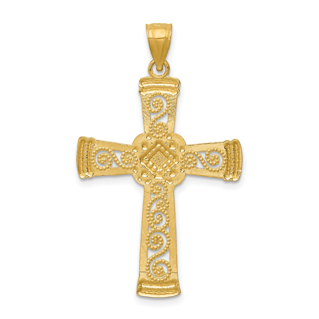 14K Gold Rhodium Accented Filigree Cross Pendant with Diamond-Cut Finish
