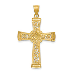 14K Gold Rhodium Accented Filigree Cross Pendant with Diamond-Cut Finish