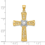 14K Gold Rhodium Accented Filigree Cross Pendant with Diamond-Cut Finish