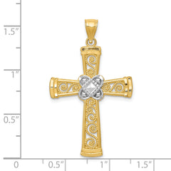 14K Gold Rhodium Accented Filigree Cross Pendant with Diamond-Cut Finish