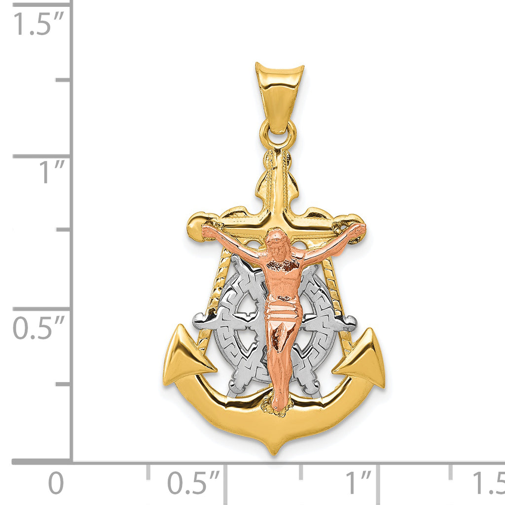 14K Tri-Color Gold Mariner Crucifix Pendant with Polished Finish  Elegant & Textured Design