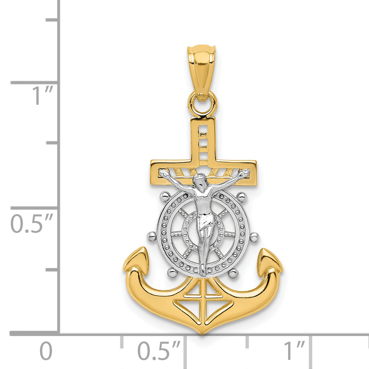 14K Yellow Gold Mariners Crucifix Pendant with Rhodium Accents and Polished Finish