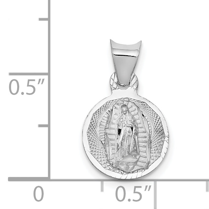 14K White Gold Our Lady of Guadalupe Round Pendant with Diamond-Cut Finish
