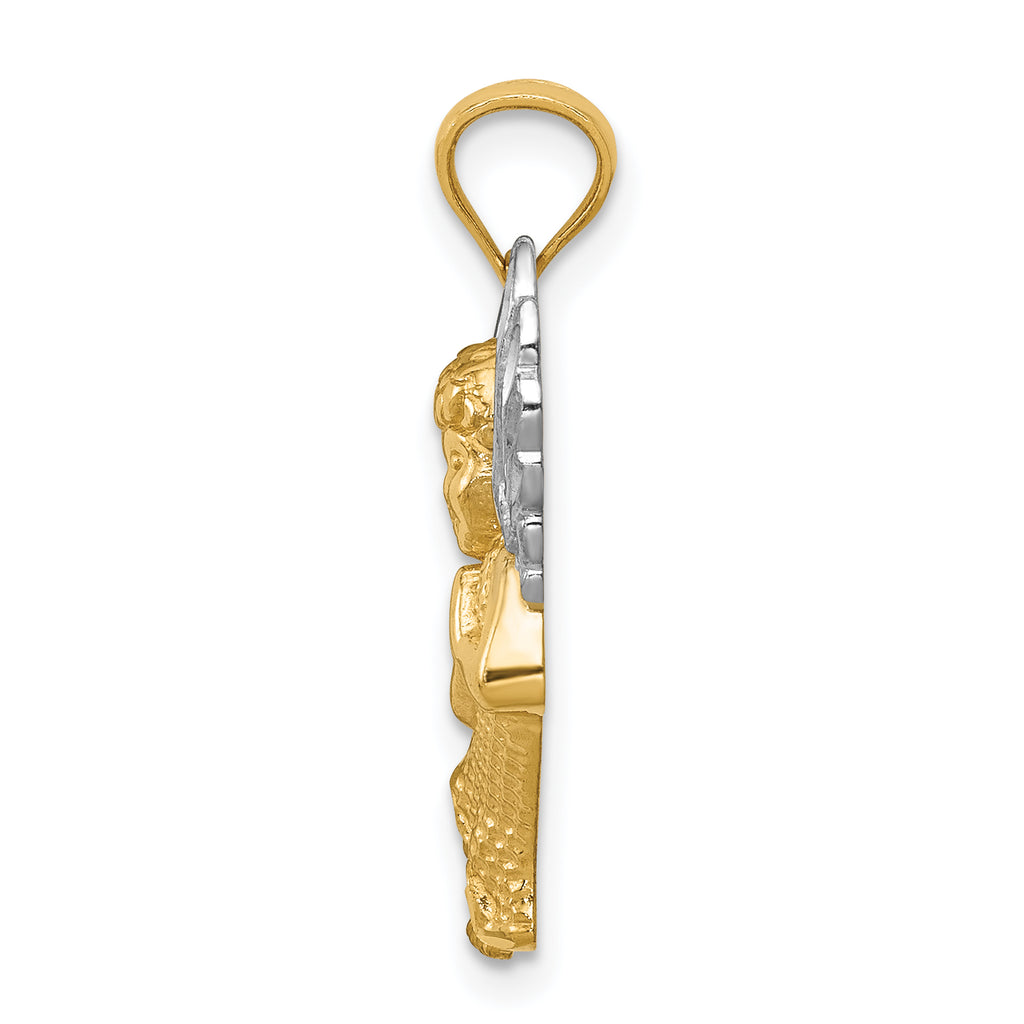 14K Gold and Rhodium Praying Angel Pendant with Diamond-Cut Polished Finish