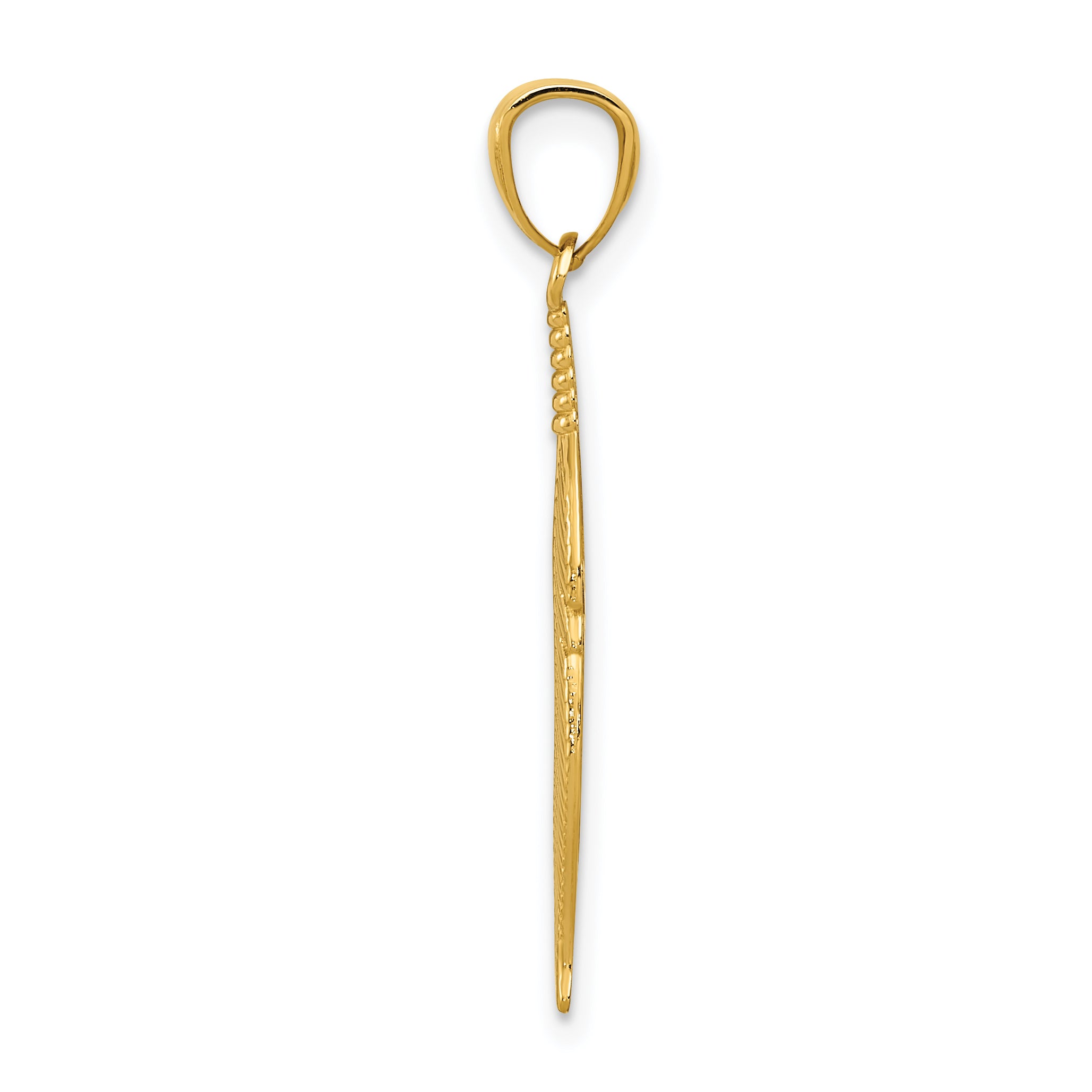 14K Gold Polished Feather Pendant  Unisex, Solid, Textured Design