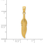 14K Gold Polished Feather Pendant  Unisex, Solid, Textured Design