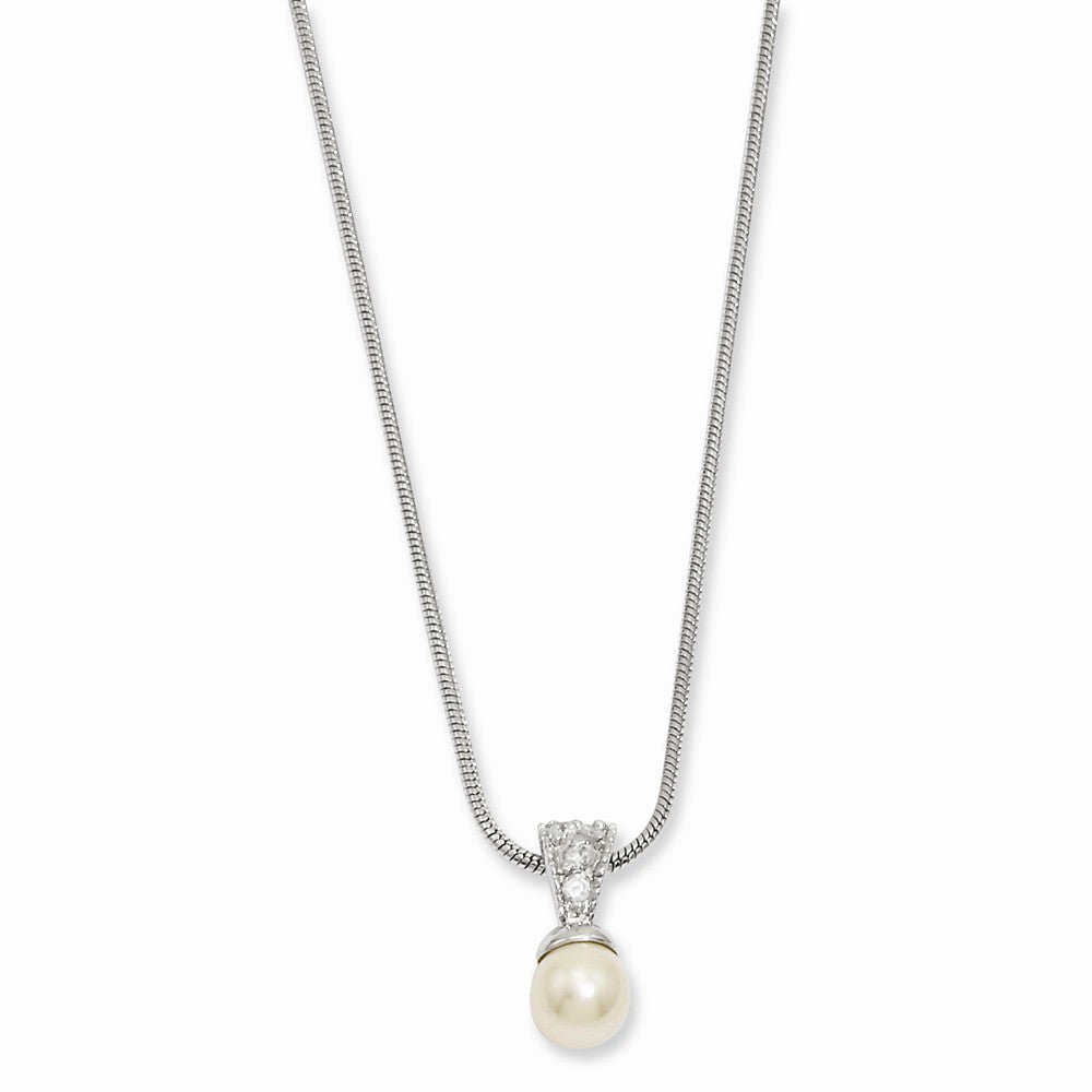Sophia Jewelers Rhodium-Plated Simulated Pearl CZ Pendant Necklace Elegant 18-Inch Main image