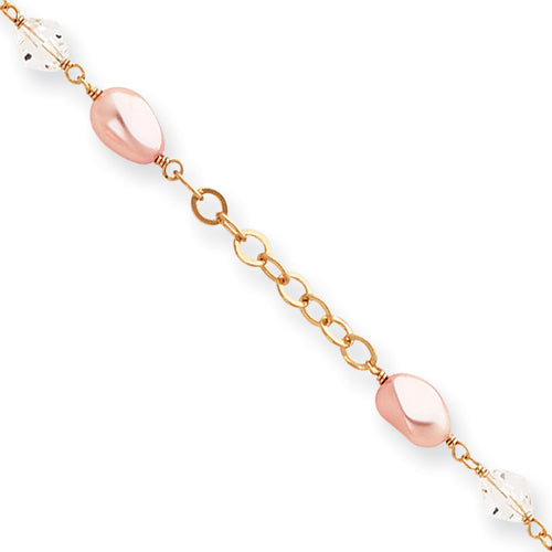 8.25in Gold-plated Kelly Waters Pink Simulated Pearl and Crystal Bracelet