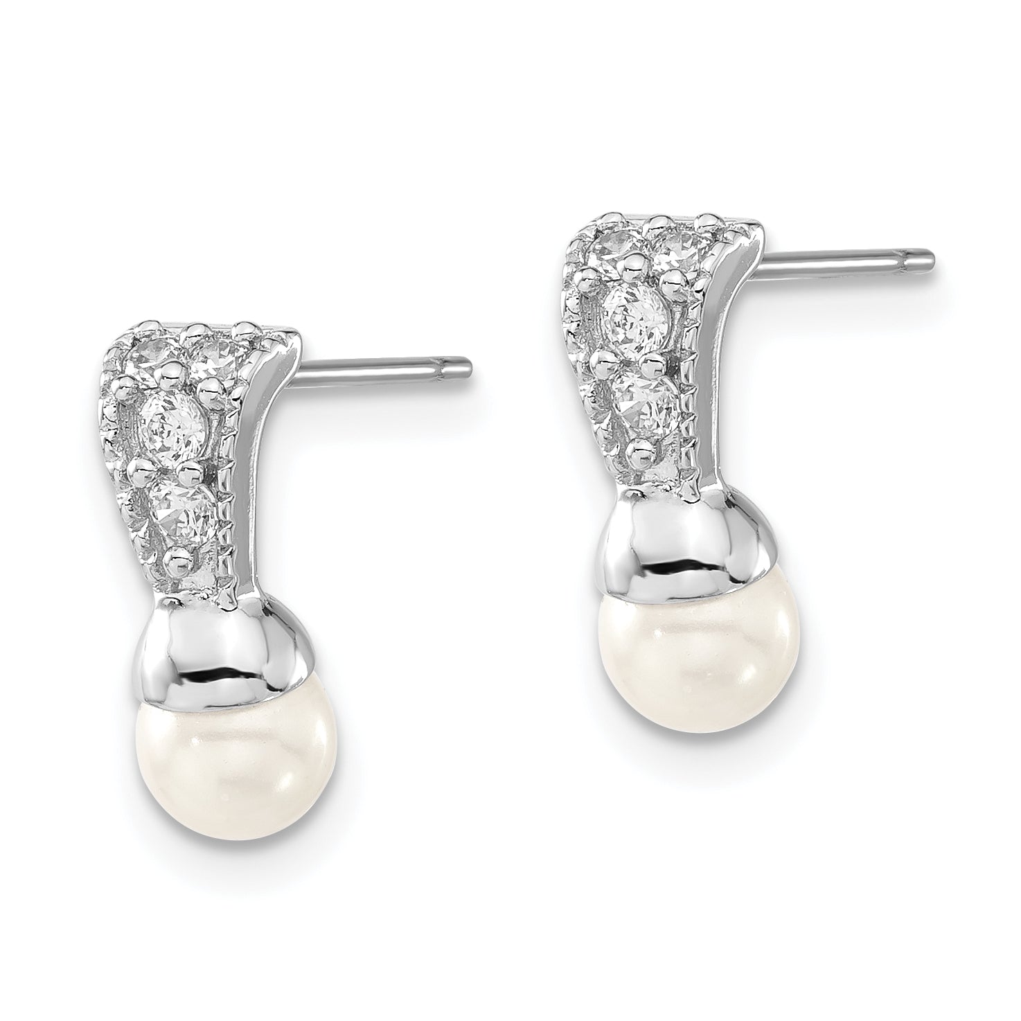 Kelly Waters Silver-tone Rhodium-plated White Simulated Pearl & CZ Post Dangle Earrings