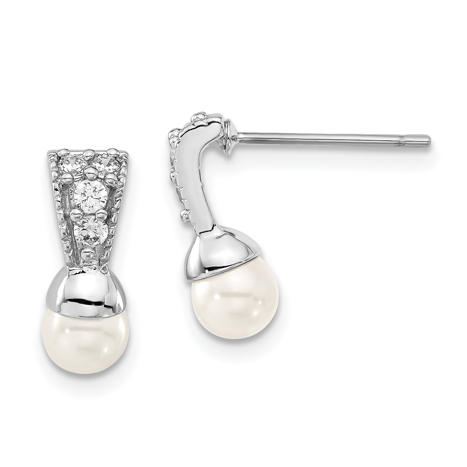 Kelly Waters Silver-tone Rhodium-plated White Simulated Pearl & CZ Post Dangle Earrings Main image