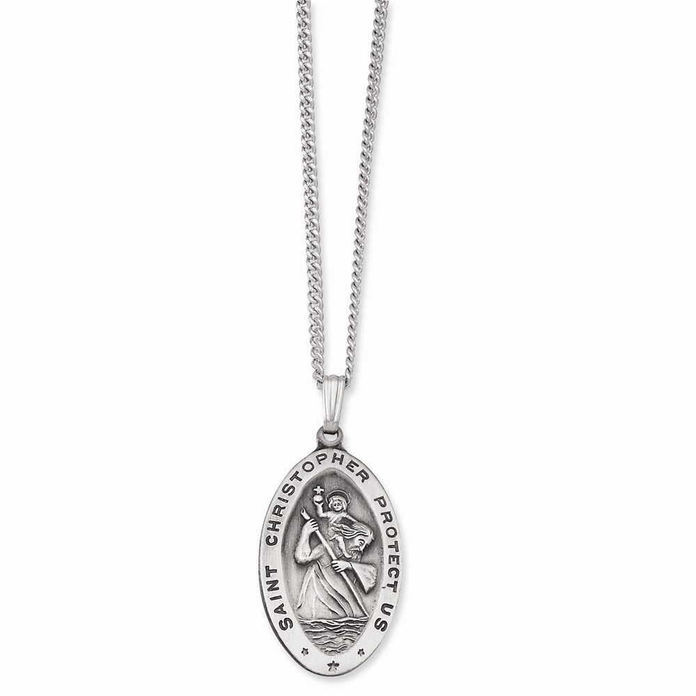24in Rhodium-Plated Large Oval St. Christopher Medal Necklace for Unisex Main image