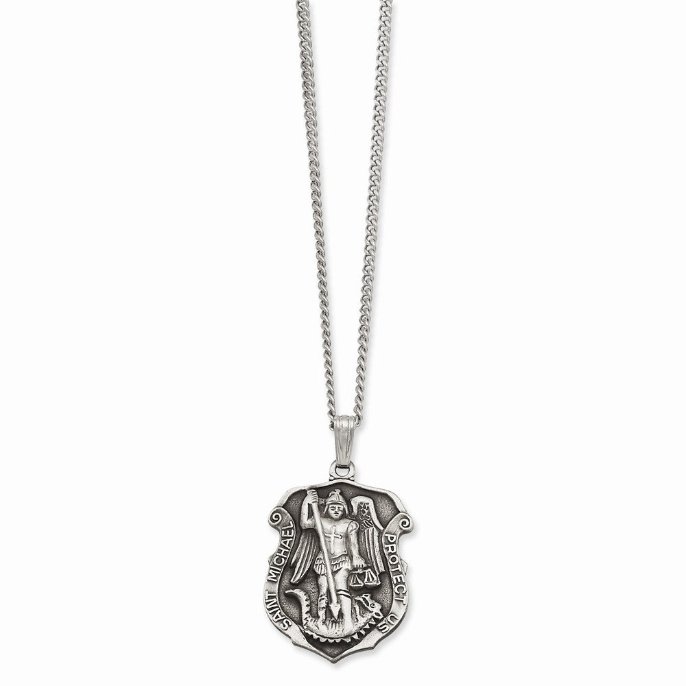 Rhodium-Plated St. Michael Medal Necklace 24 Elegant Unisex Design Main image