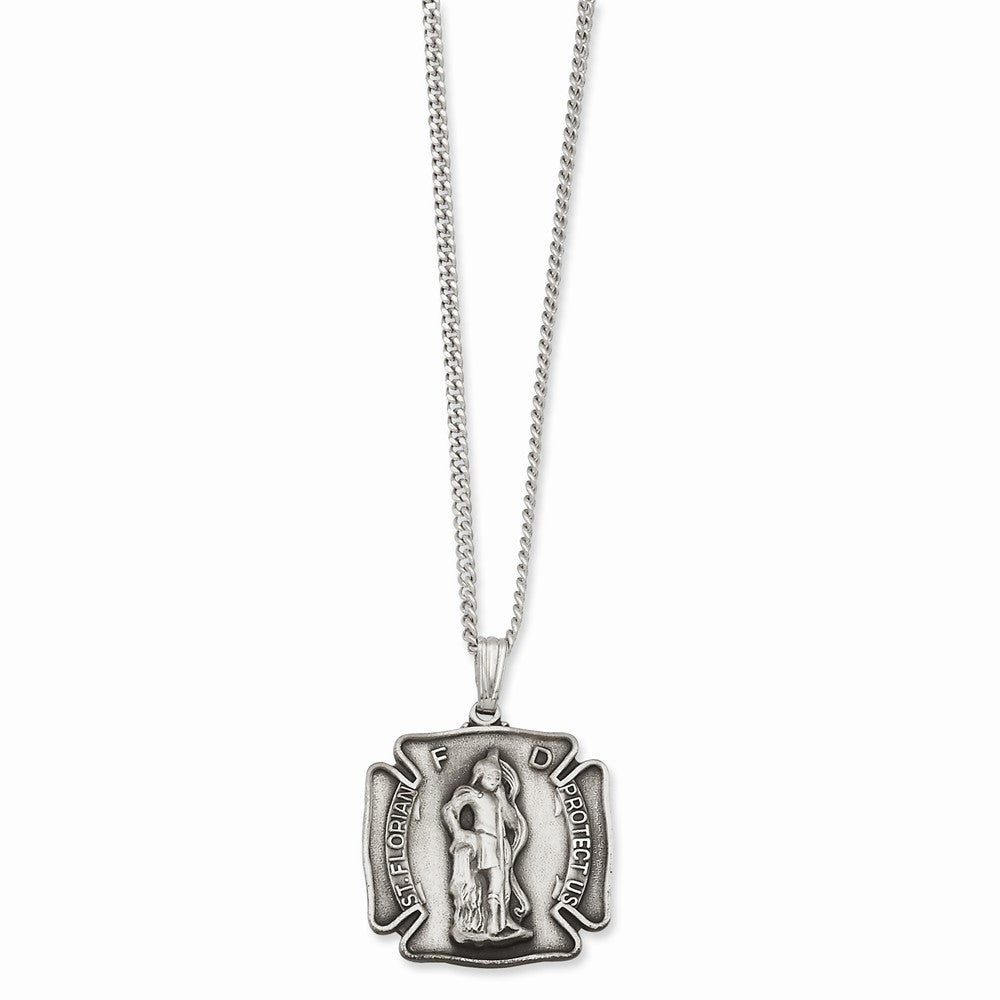 Rhodium-Plated St. Florian Medal Necklace 24in Elegant Design by Sophia Jewelers Main image