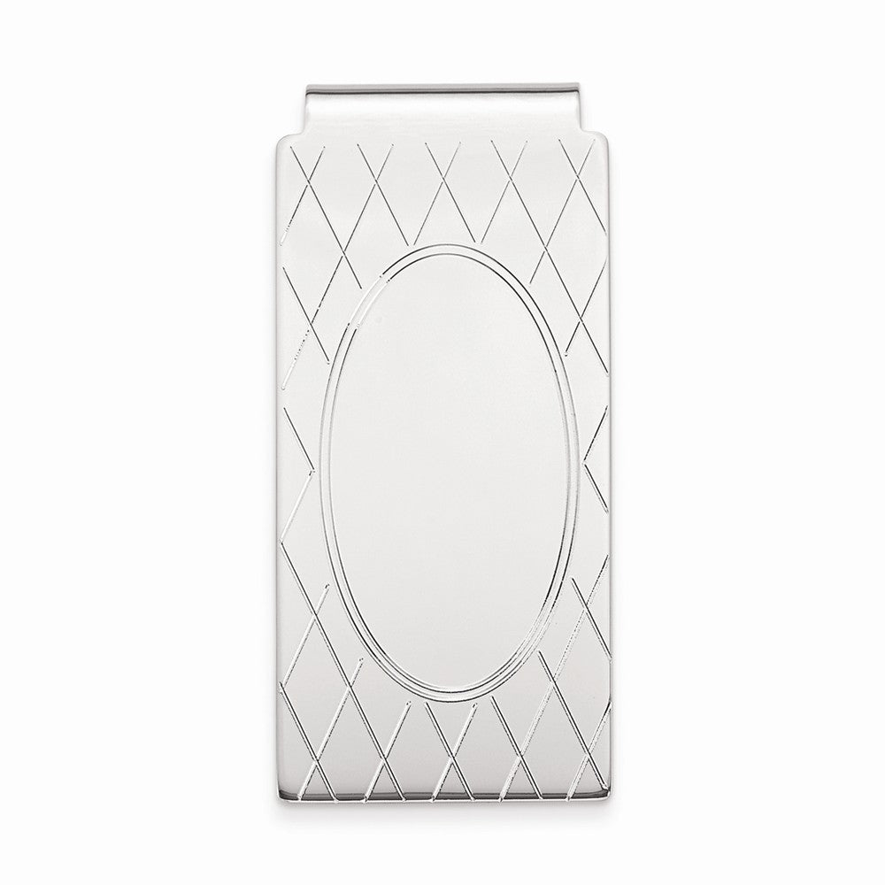 Rhodium-plated Kelly Waters Money Clip with Criss Cross & Oval Center