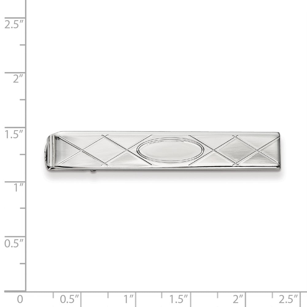 Rhodium-plated Kelly Waters Tie Bar with Criss Cross & Oval Center