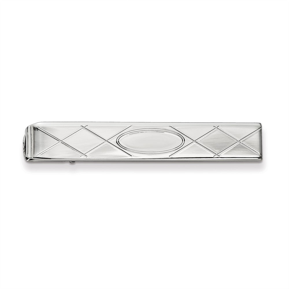 Rhodium-plated Kelly Waters Tie Bar with Criss Cross & Oval Center