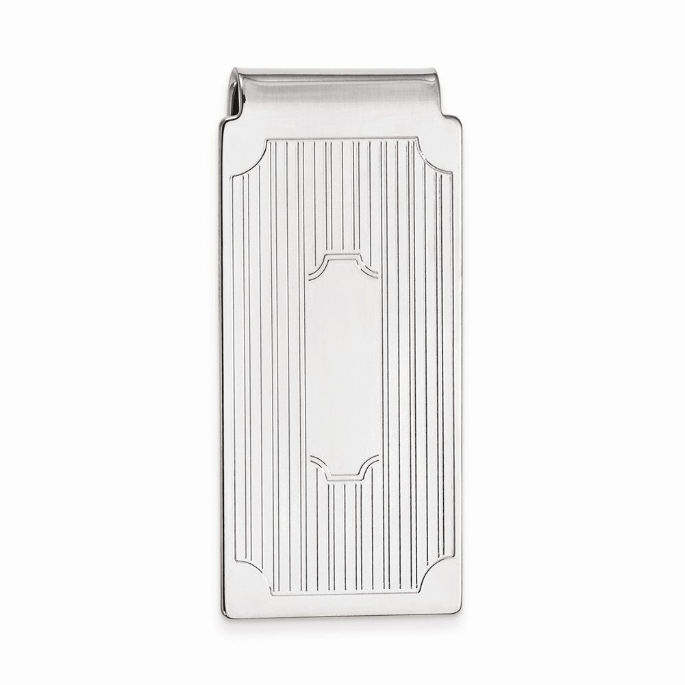 Rhodium-plated Kelly Waters Hinged Money Clip with Lines and Cut Corners