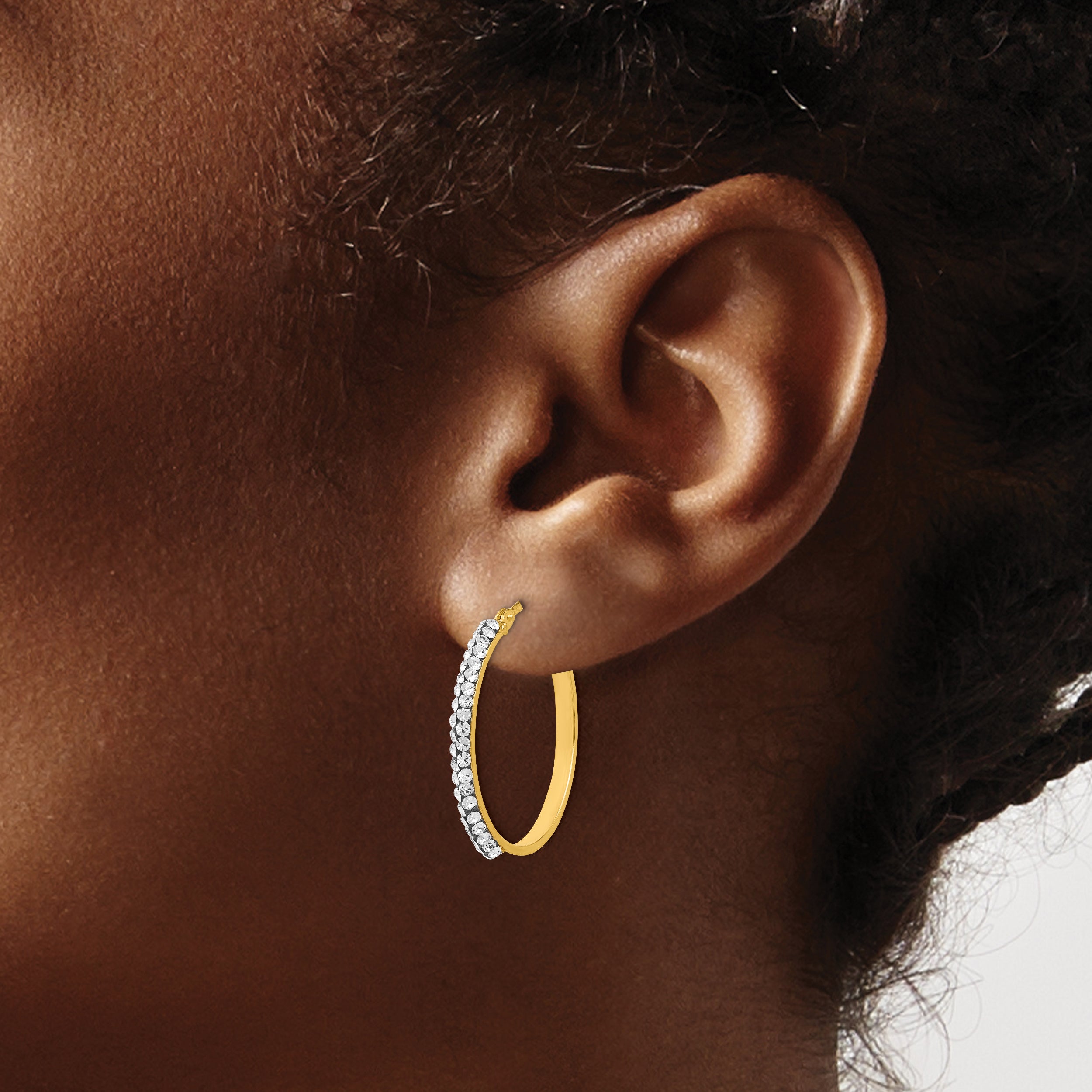 14K Gold Hoop Earrings with Swarovski Crystals, Polished & Hollow Design