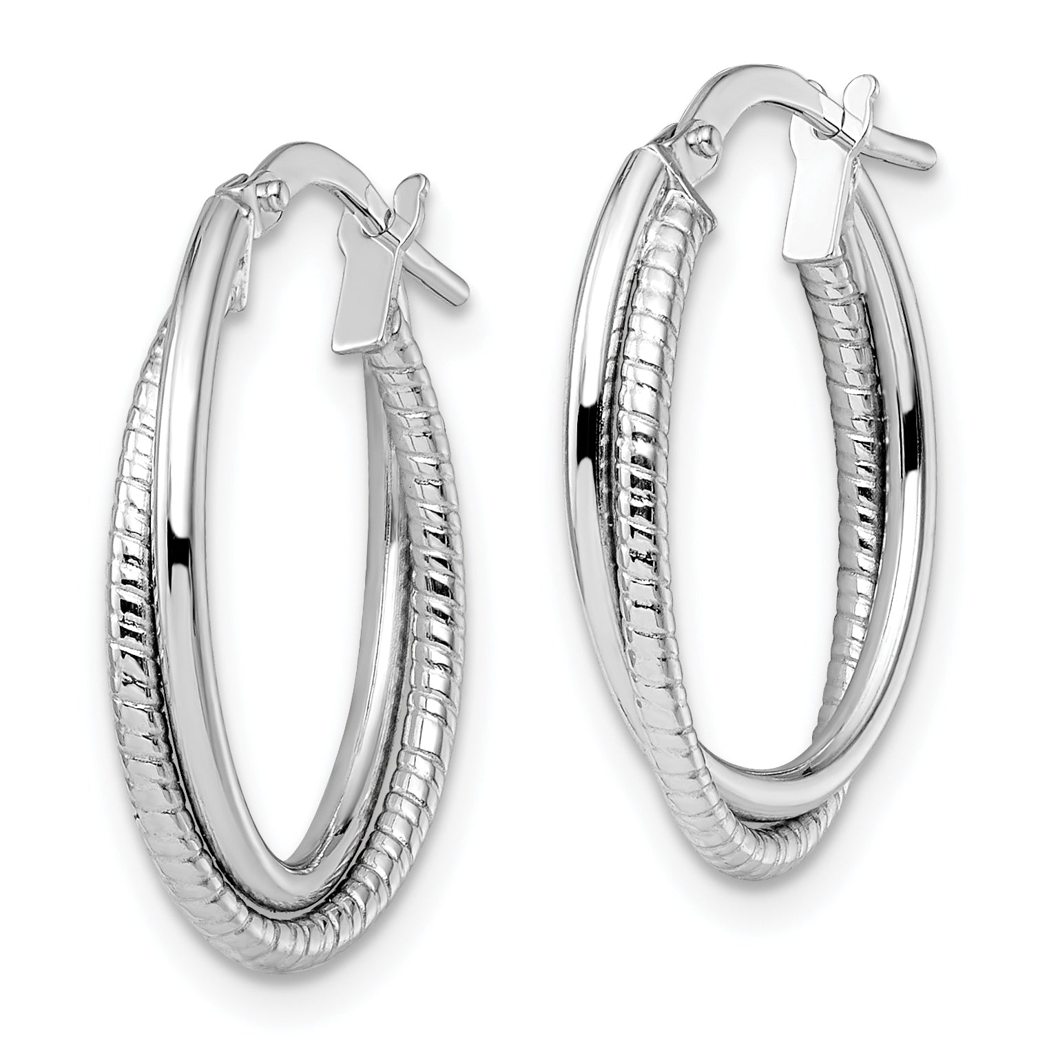 14K White Gold Polished Textured Oval Hoop Earrings