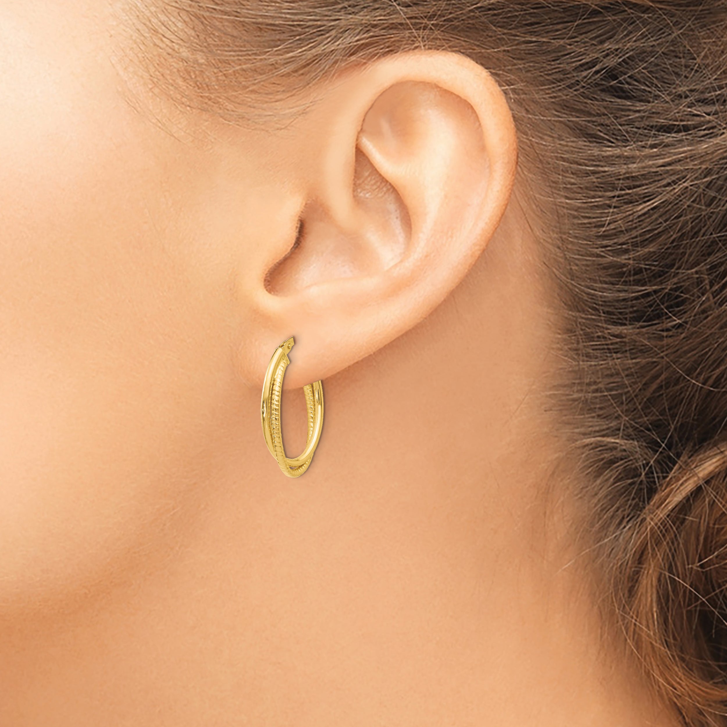 14K Gold Polished Textured Oval Hoop Earrings