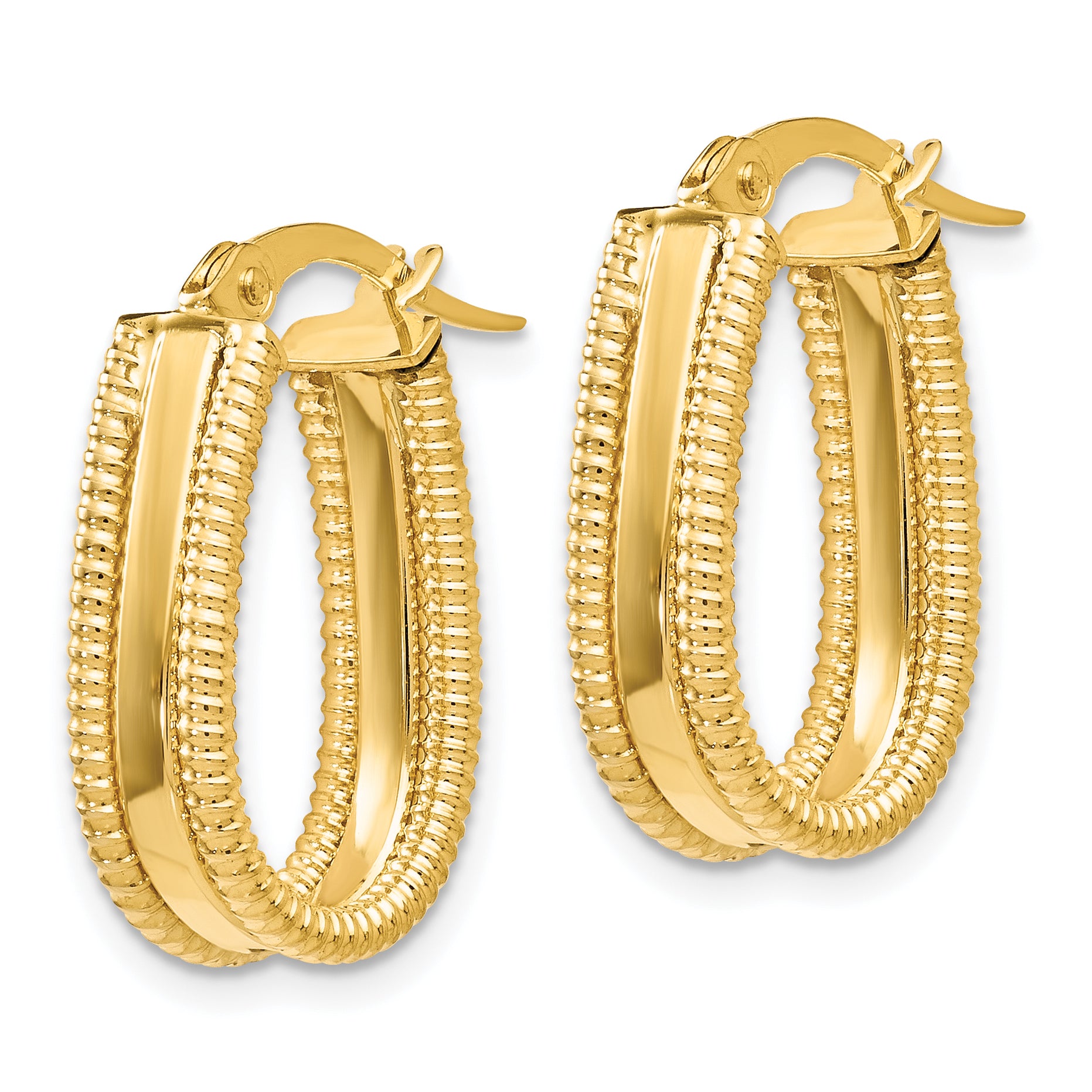 14K Gold Textured Oval Hoop Earrings with Polished Finish and Lifetime Guarantee