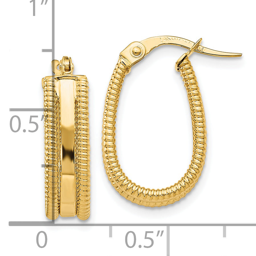 14K Gold Textured Oval Hoop Earrings with Polished Finish and Lifetime Guarantee