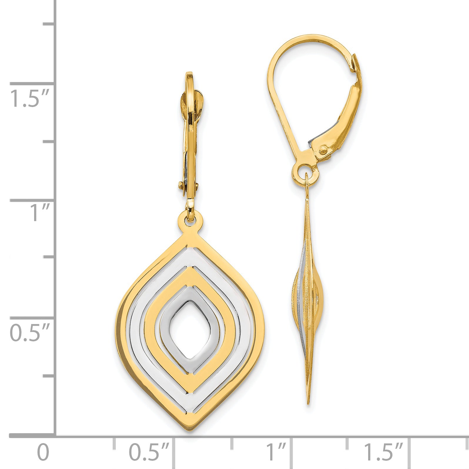 14K Gold Rhodium-Plated Leverback Dangle Earrings Polished Finish, Laser-Cut Design