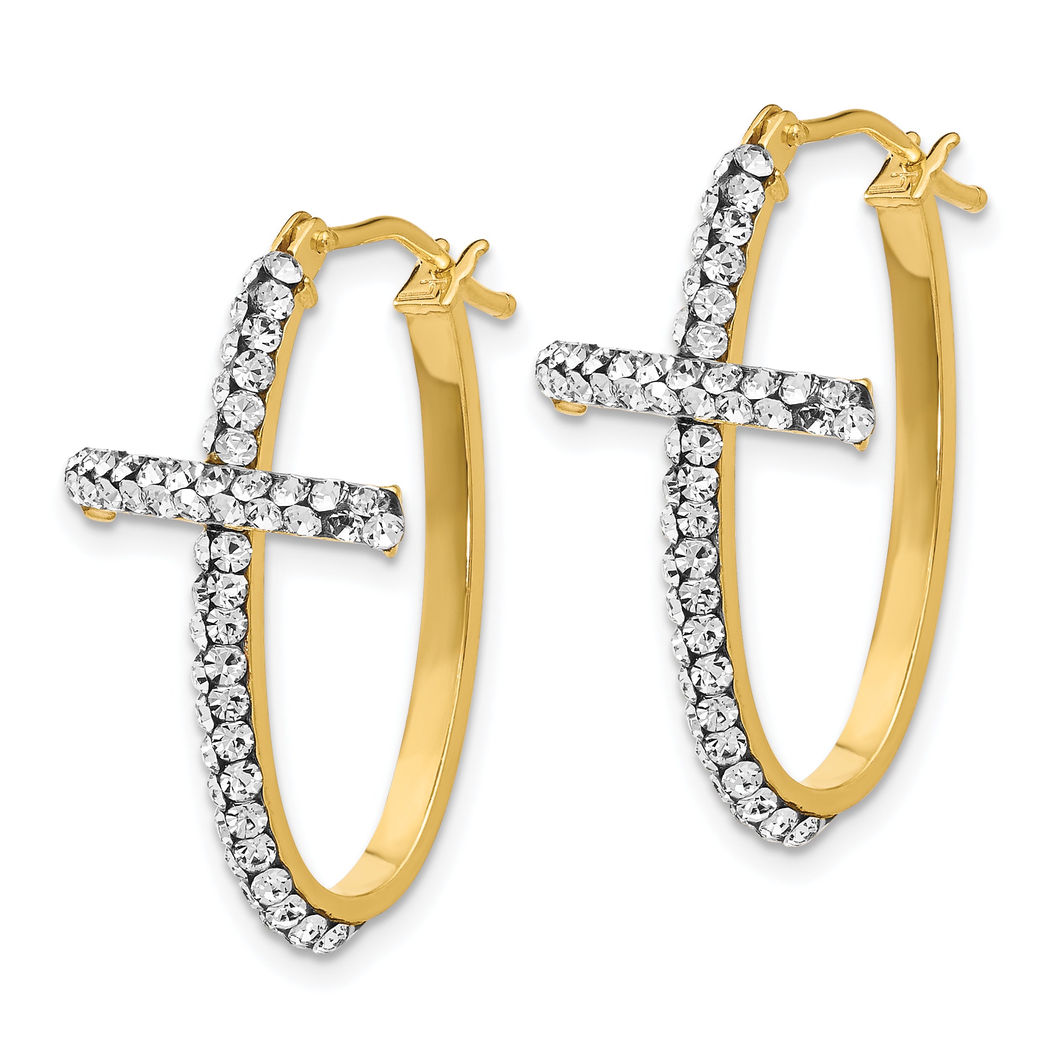 14K Gold Crystal Cross Hoop Earrings with Polished Finish
