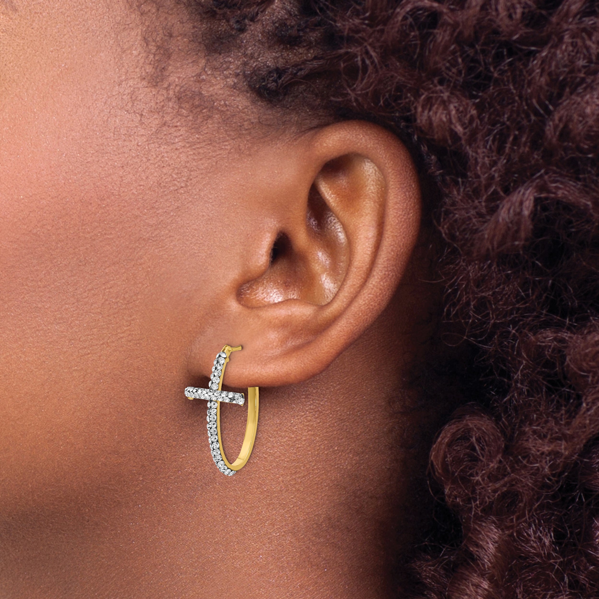 14K Gold Swarovski Crystal Cross Hoop Earrings with Polished Finish