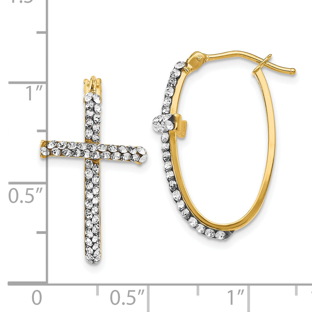 14K Gold Crystal Cross Hoop Earrings with Polished Finish