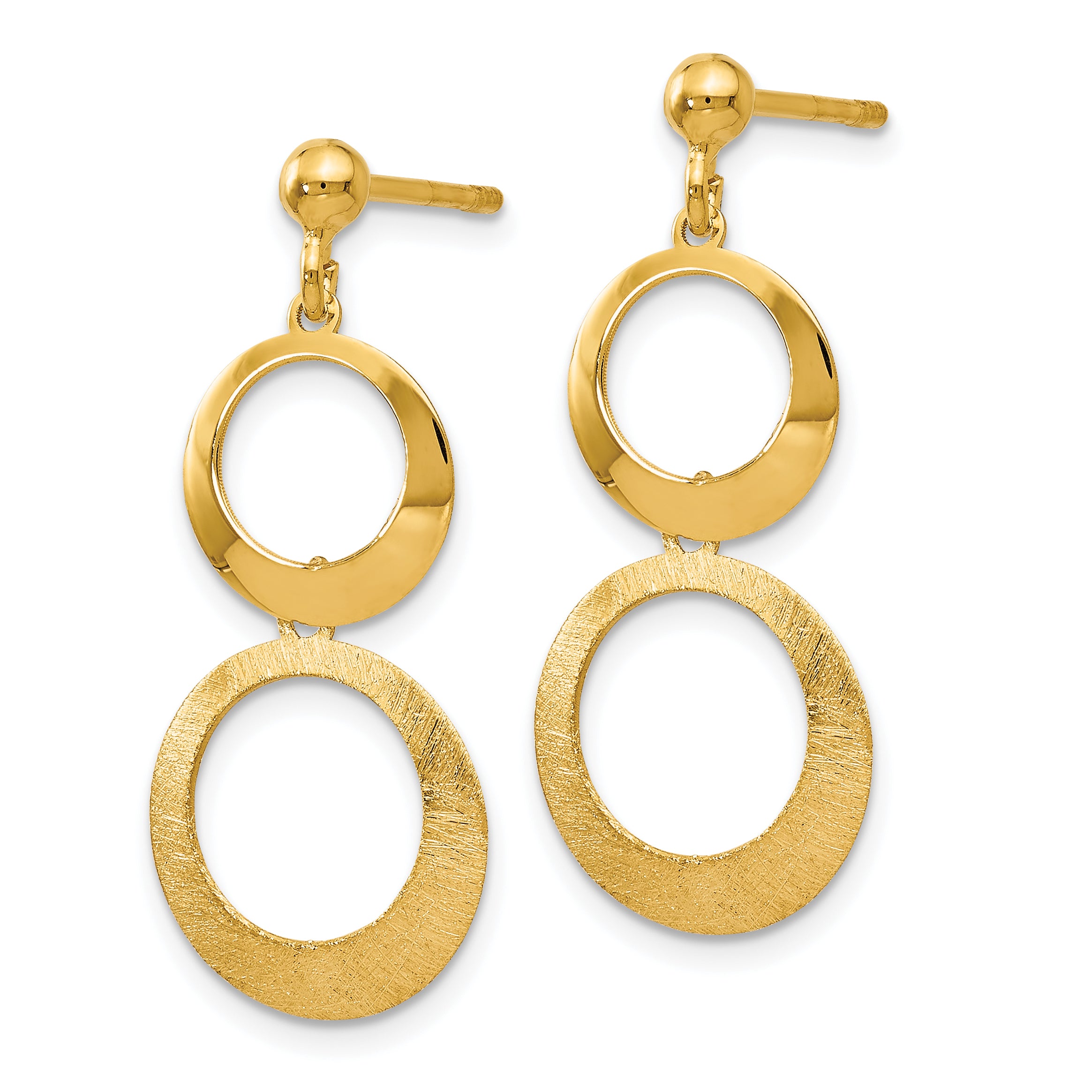 14K Polished and Scratch Finish Circle Post Dangle Earrings