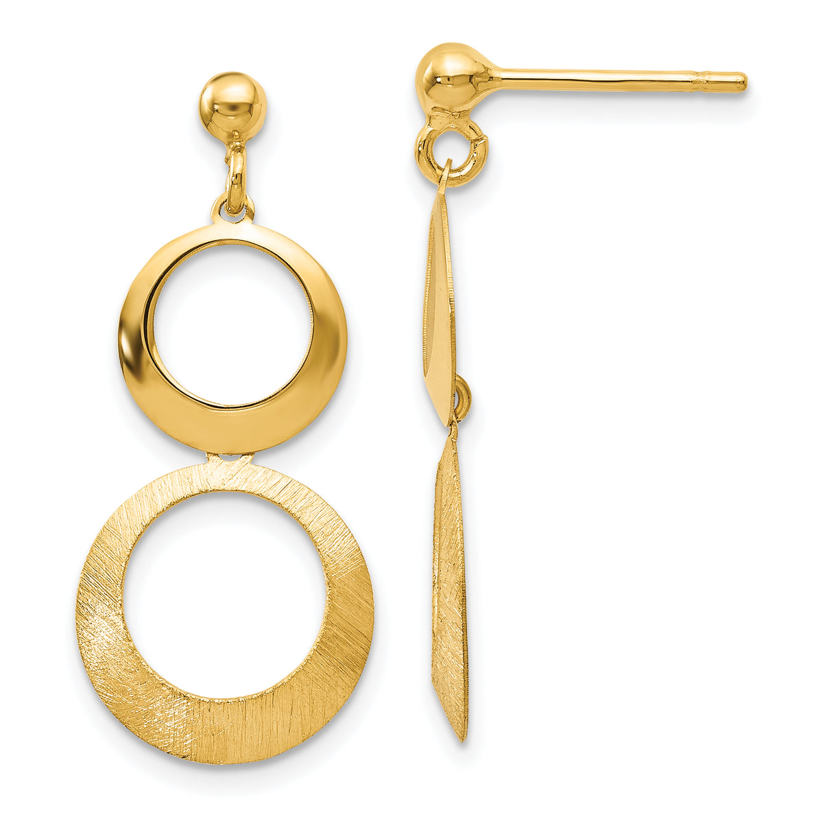 14K Polished and Scratch Finish Circle Post Dangle Earrings