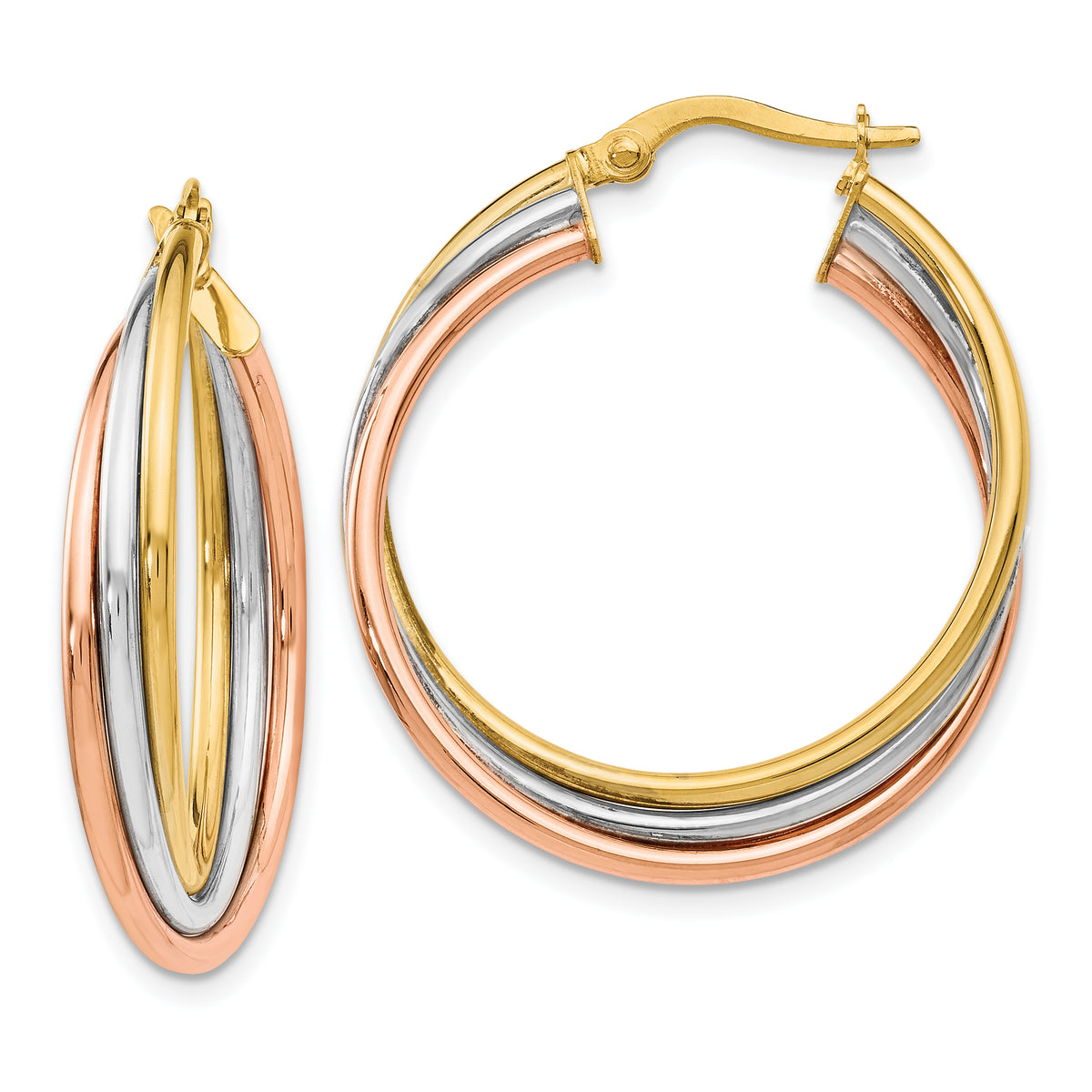 14K Tri-color Polished Twisted Hoop Earrings