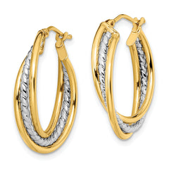 14K Two-tone Polished and Textured Twisted Hoop Earrings