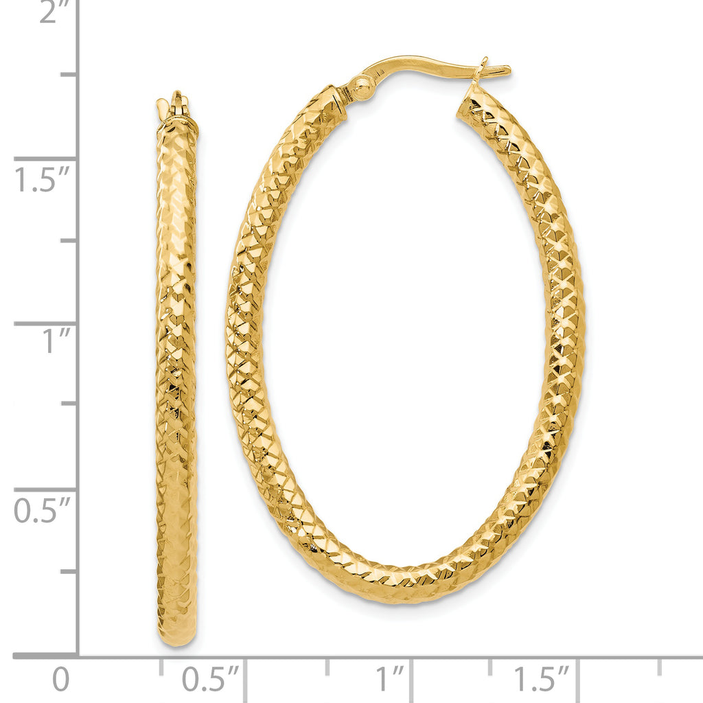 14K Gold Oval Hoop Earrings with Textured Polished Finish Lightweight and Elegant