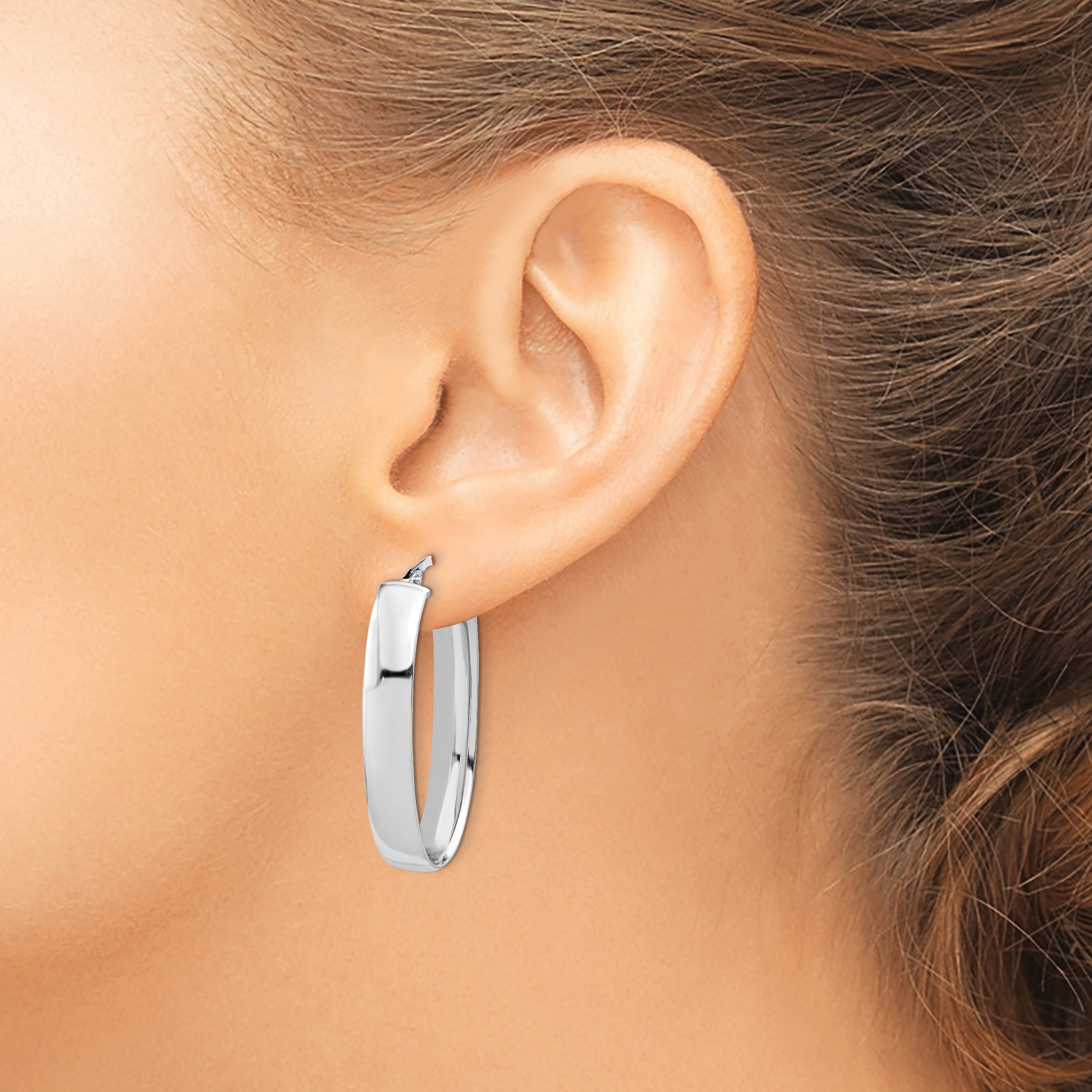 14K White Gold Polished Oval Hoop Earrings with Rhodium Plating Elegant, Lightweight Design