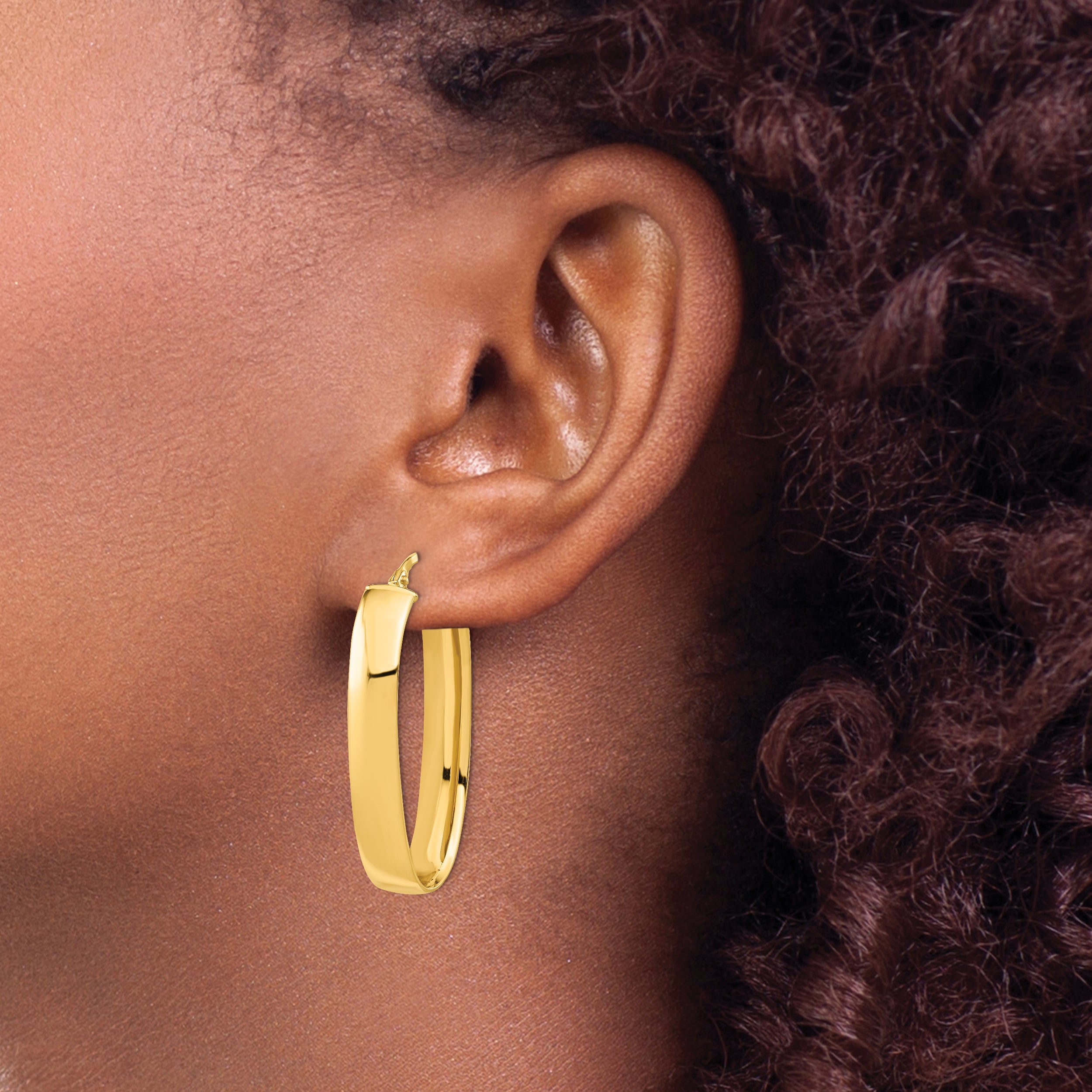 14K Gold Polished Oval Hoop Earrings with Hollow Design 35mm