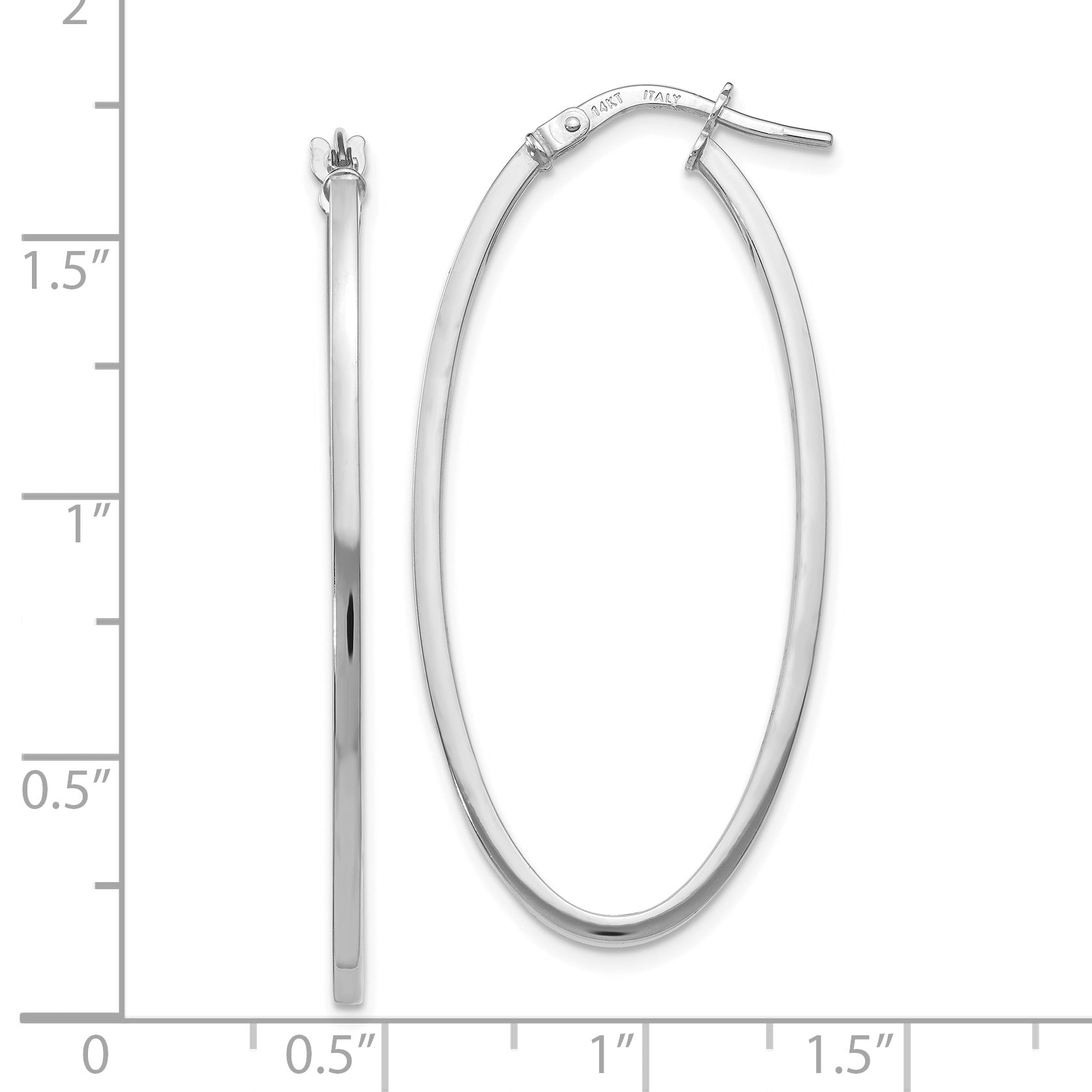 14K White Gold Polished Hollow Oval Hoop Earrings with Rhodium Finish  40mm