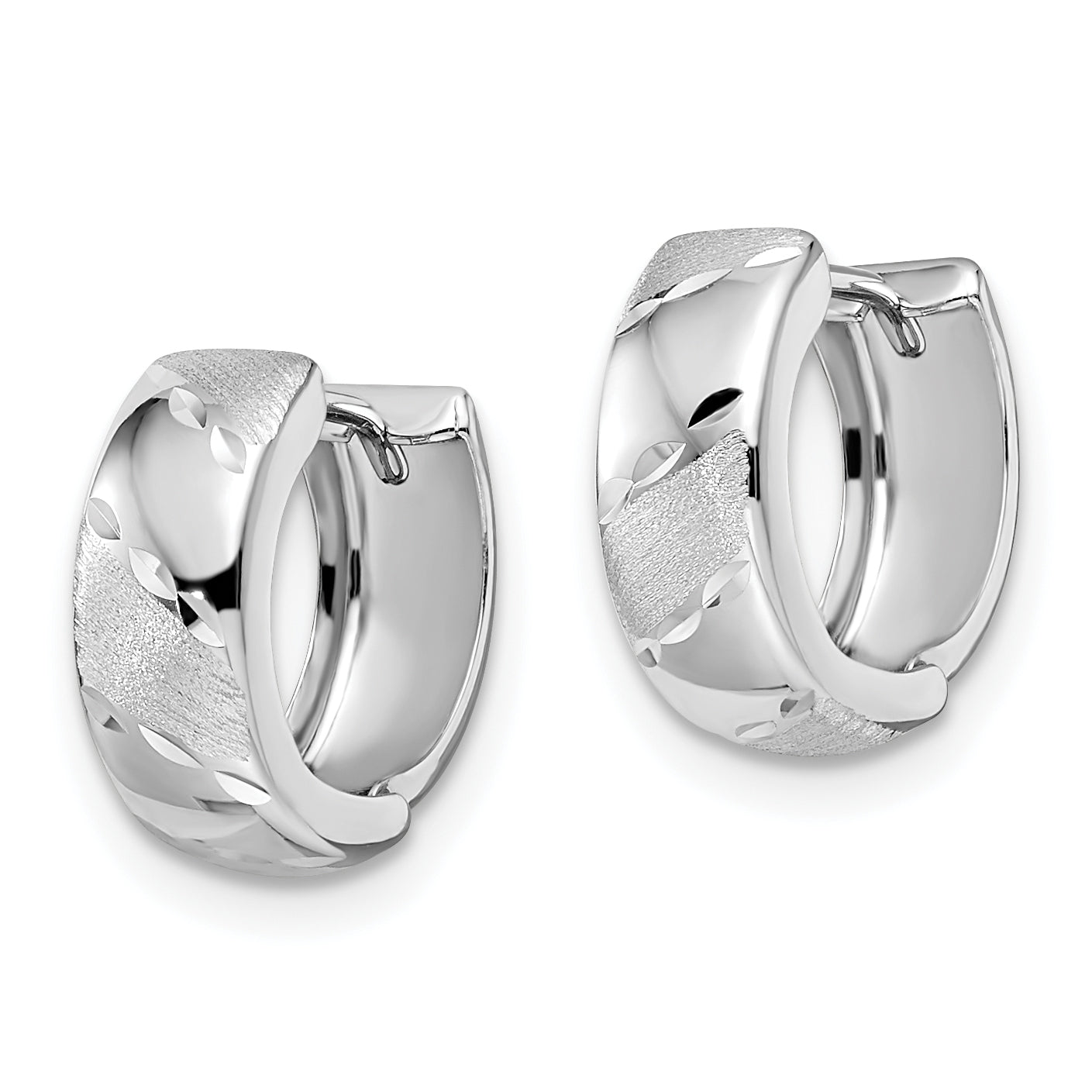 14K White Gold Polished & Satin Hinged Hoop Earrings with Rhodium Finish