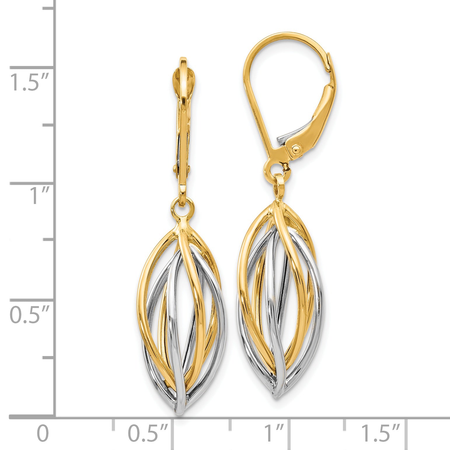 14K Two-Tone Gold Polished Leverback Earrings with Hollow Drop Design