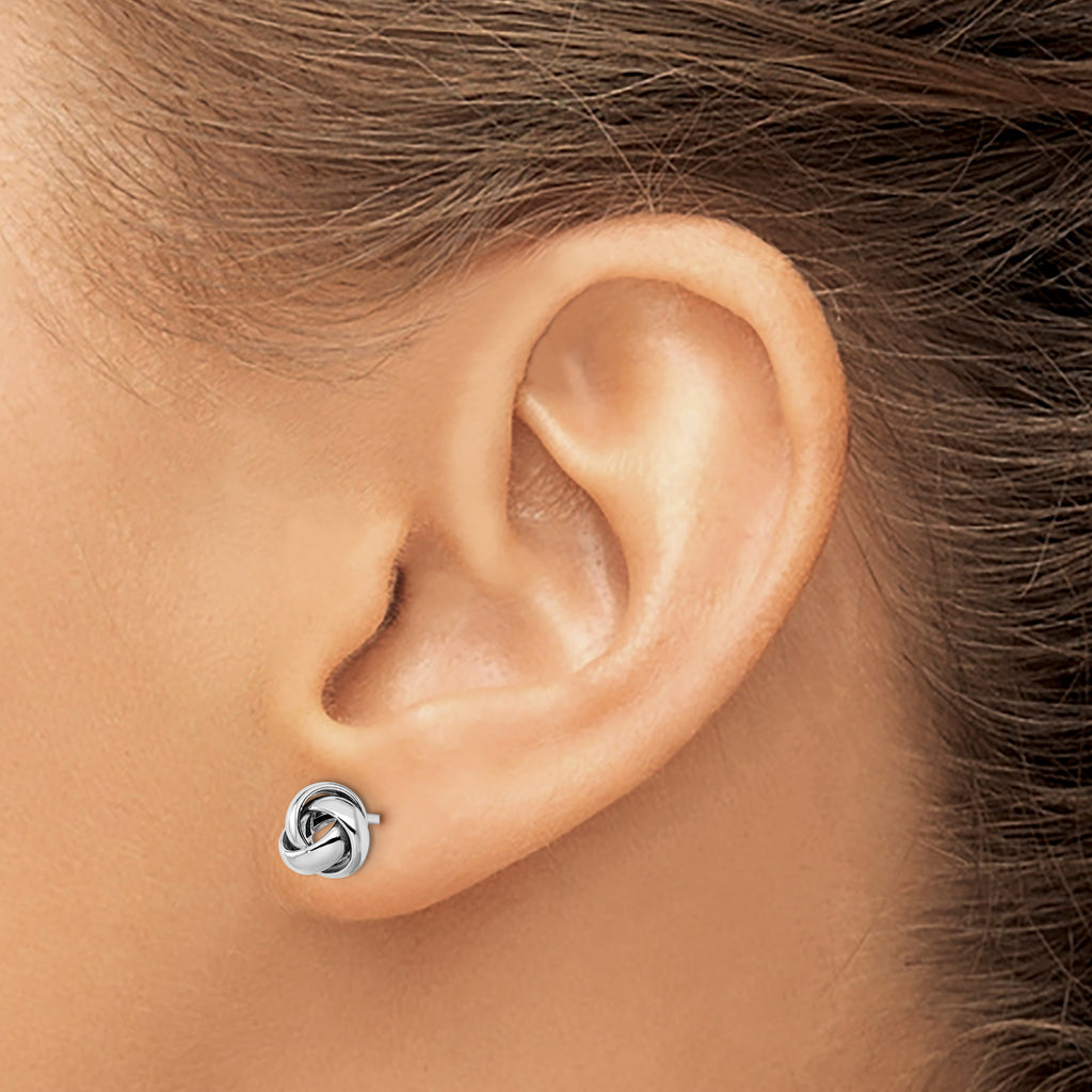 14K White Gold Love Knot Button Earrings with Polished Rhodium Finish