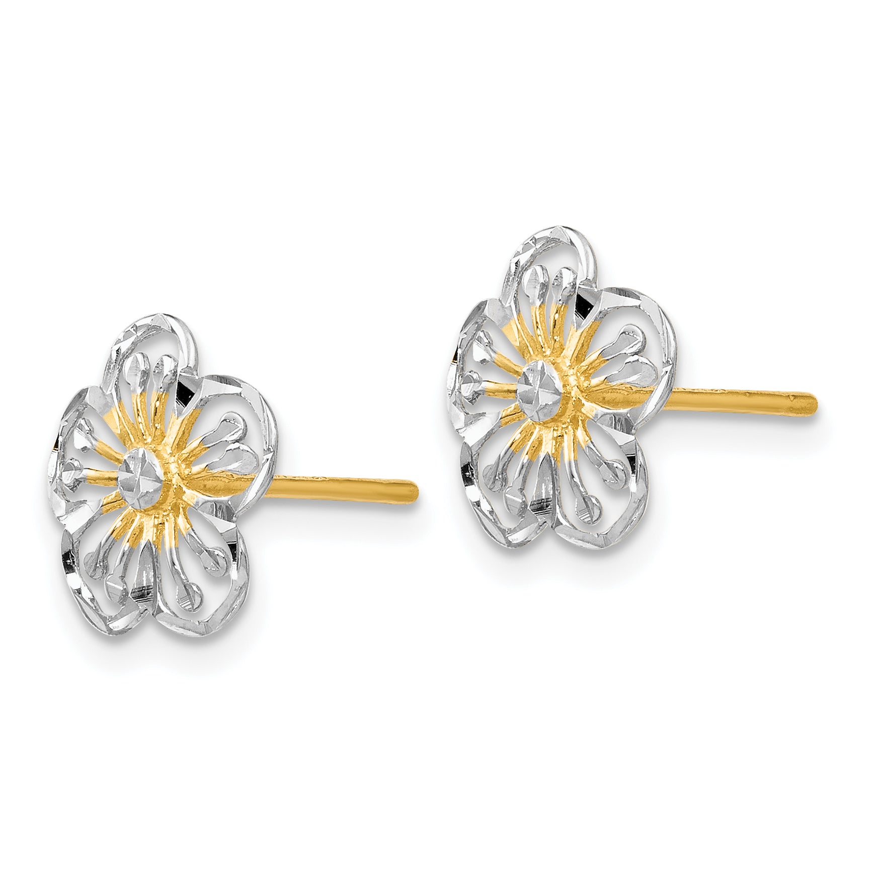 14K Gold Polished Button Earrings with White Rhodium & Diamond-Cut Finish Secondary image